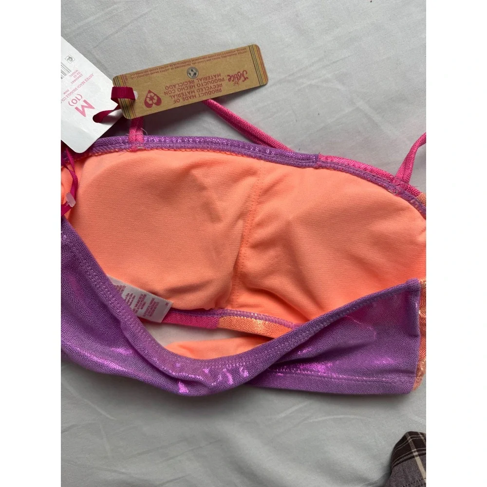 Justice Girls Pink Squiggle Colorblock Bikini Top Metallic Shimmer Size M 10 NEW